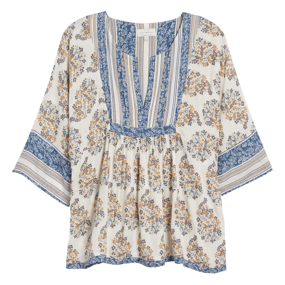 Lucky Brand Floral V-Neck Tunic Peasant Blouse
